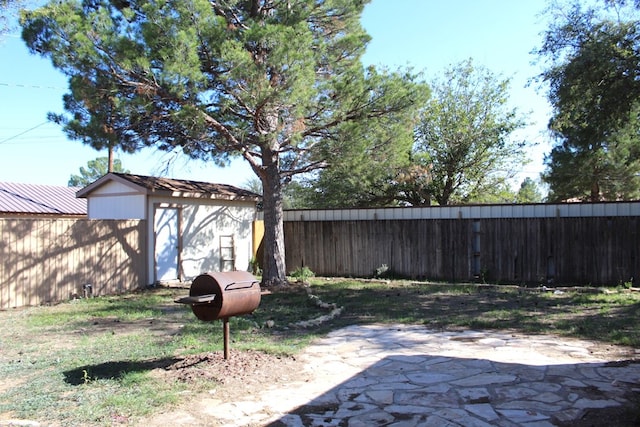 view of yard featuring a storage unit and a patio area