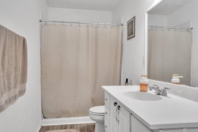 2108 Cecilia, Big Spring, TX 79720 - bathroom with vanity, a shower with curtain, wood finished floors, and a textured wall