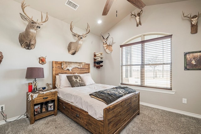 bedroom with lofted ceiling with beams, carpet floors, visible vents, and baseboards