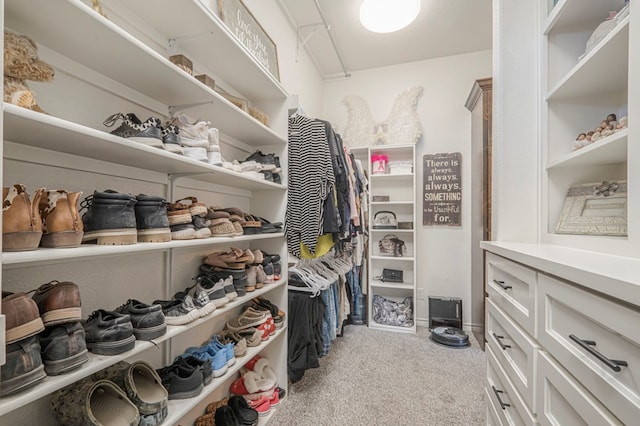 spacious closet featuring light colored carpet