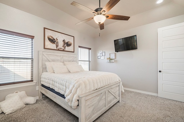 carpeted bedroom with ceiling fan, baseboards, and recessed lighting