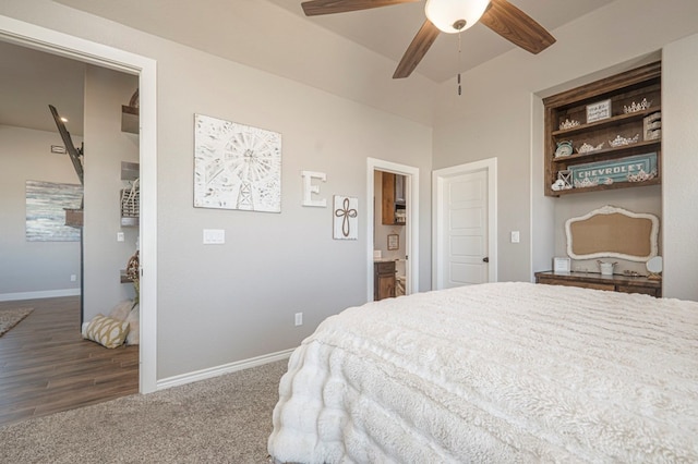 bedroom with ceiling fan, dark colored carpet, and baseboards