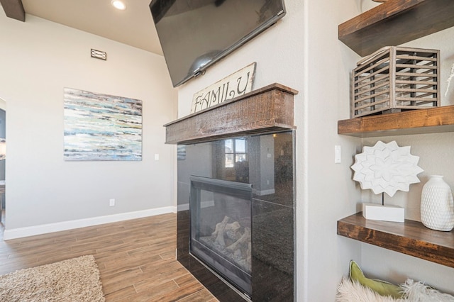 details featuring a fireplace, baseboards, wood finished floors, and recessed lighting