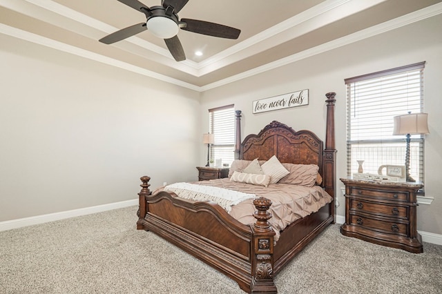 carpeted bedroom with ornamental molding, recessed lighting, baseboards, and a ceiling fan