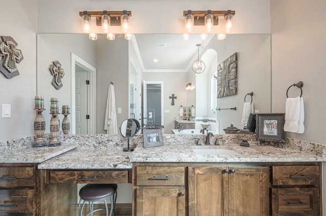 full bathroom with visible vents, crown molding, and vanity