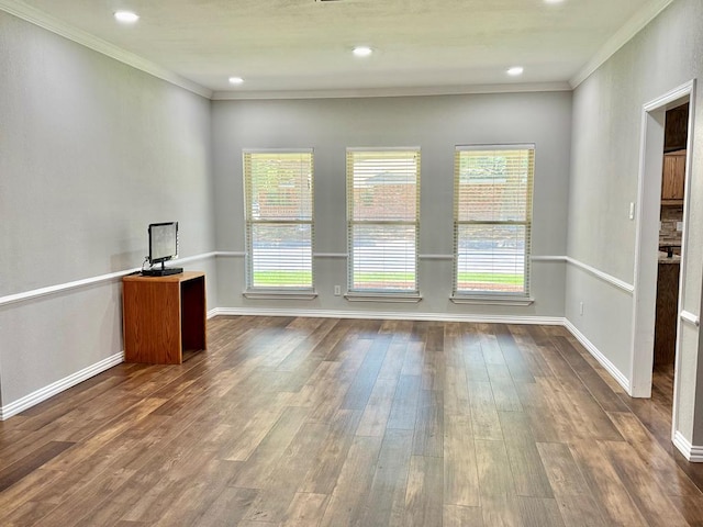 3612 Oakridge Dr, Midland, TX 79707 - unfurnished office with crown molding, dark wood-type flooring, and recessed lighting