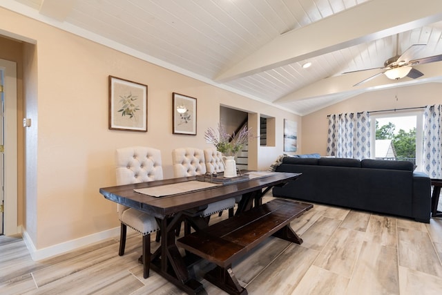 dining space with lofted ceiling with beams, light hardwood / wood-style floors, wood ceiling, and ceiling fan