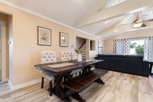 dining room featuring wooden ceiling, light hardwood / wood-style flooring, and lofted ceiling with beams