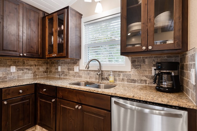 kitchen featuring backsplash, sink, stainless steel dishwasher, and dark brown cabinets