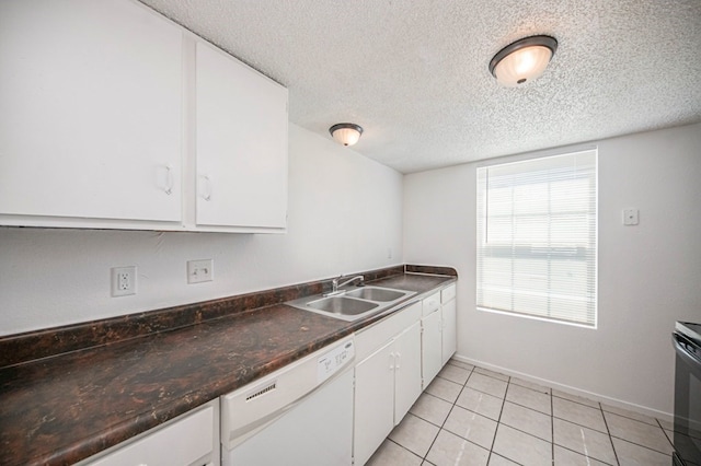 kitchen with white cabinetry, sink, white dishwasher, a textured ceiling, and light tile patterned flooring