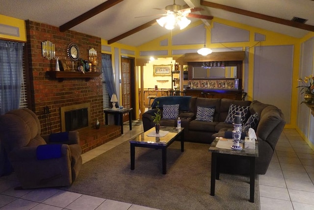 2511 Fontana St, Odessa, TX 79763 - living area featuring tile patterned floors, a ceiling fan, a brick fireplace, and carpet floors