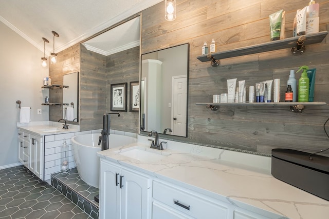 bathroom featuring lofted ceiling, tile patterned flooring, wood walls, ornamental molding, and a soaking tub