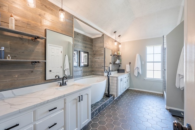 bathroom with crown molding, a soaking tub, vaulted ceiling, a sink, and wood walls