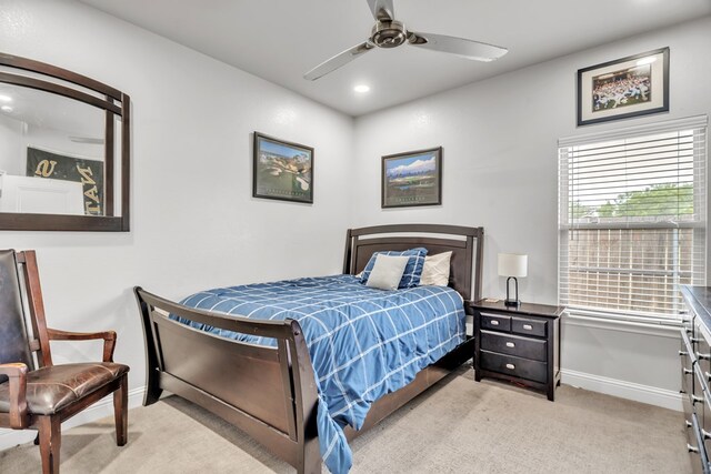 602 Frank Davis Ave, Coahoma, TX 79720 - bedroom with light carpet, baseboards, a ceiling fan, and recessed lighting