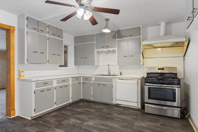 kitchen featuring stainless steel gas stove, sink, white dishwasher, a textured ceiling, and custom range hood