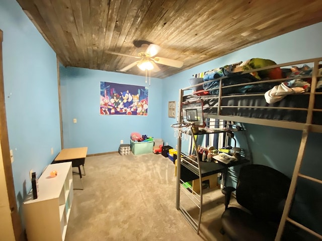 bedroom with carpet flooring and wood ceiling