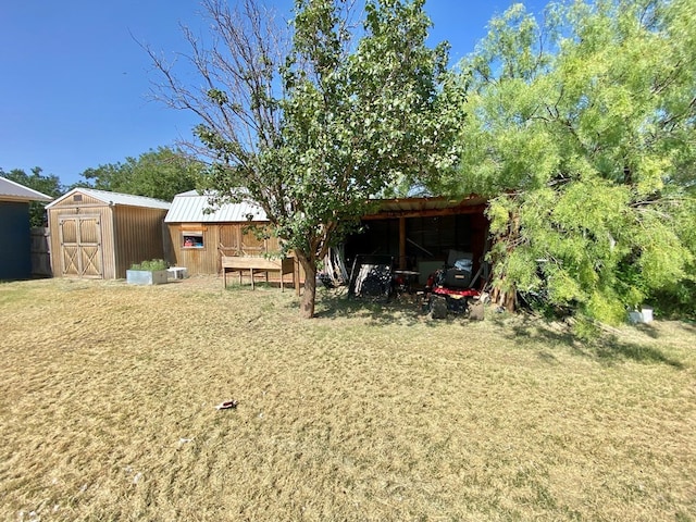 view of yard featuring a storage shed