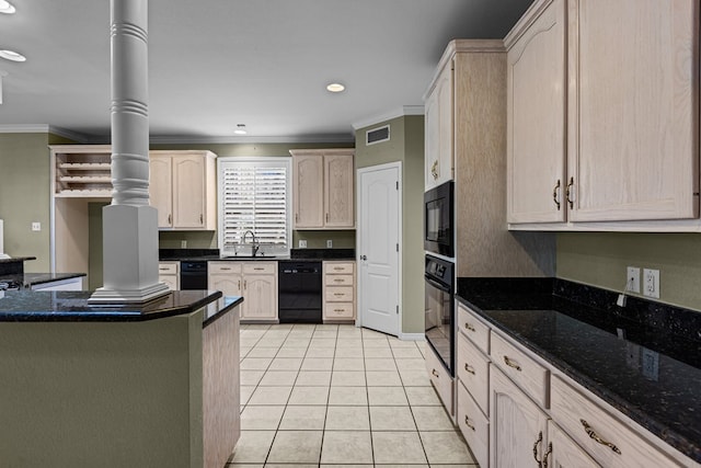 5708 Ridgemont Pl, Midland, TX 79707 - kitchen with black appliances, crown molding, light tile patterned floors, light brown cabinets, and dark stone counters