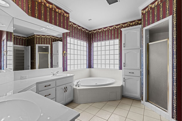 5708 Ridgemont Pl, Midland, TX 79707 - full bath featuring ornamental molding, wallpapered walls, tile patterned flooring, vanity, and a stall shower
