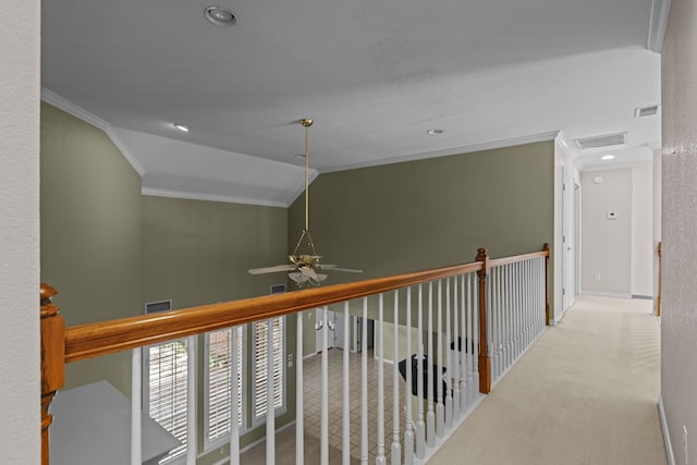 5708 Ridgemont Pl, Midland, TX 79707 - hall featuring ornamental molding, carpet flooring, recessed lighting, and vaulted ceiling
