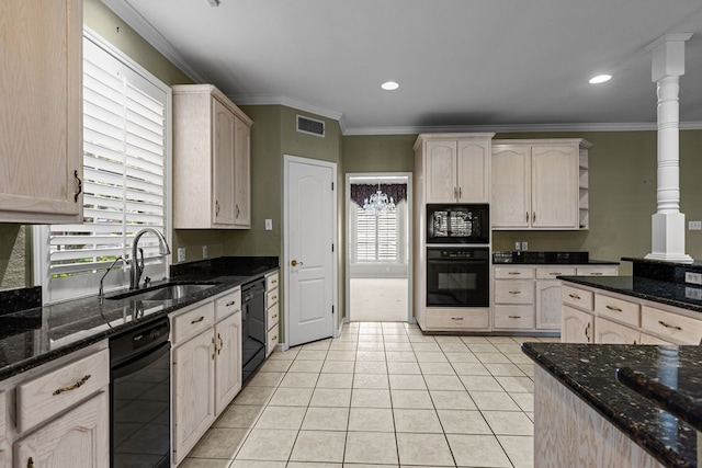 5708 Ridgemont Pl, Midland, TX 79707 - kitchen with black appliances, dark stone countertops, light tile patterned floors, ornamental molding, and open shelves