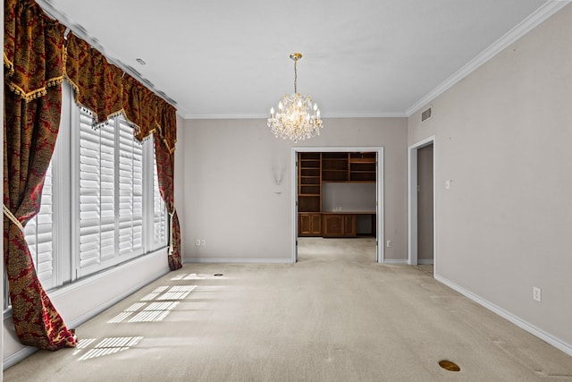 5708 Ridgemont Pl, Midland, TX 79707 - unfurnished dining area with crown molding, a chandelier, and carpet floors