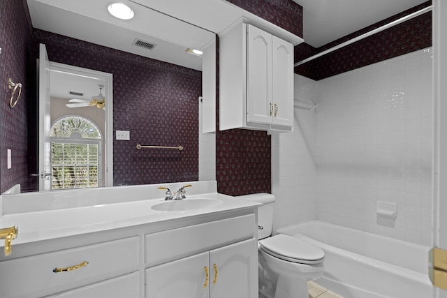 5708 Ridgemont Pl, Midland, TX 79707 - full bathroom featuring wallpapered walls, vanity, washtub / shower combination, and a ceiling fan