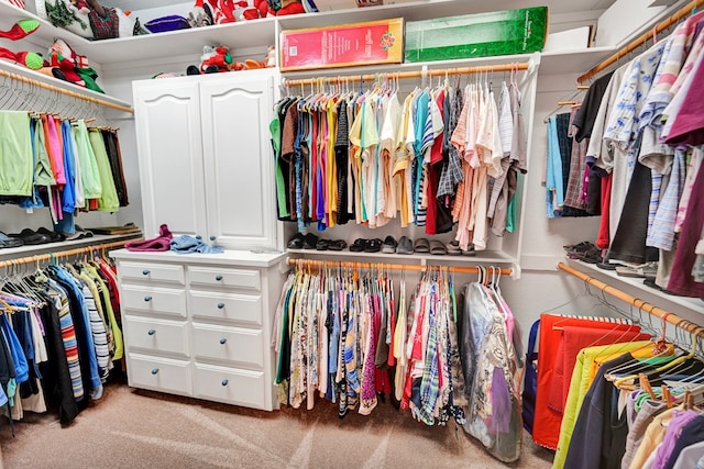 walk in closet with light colored carpet