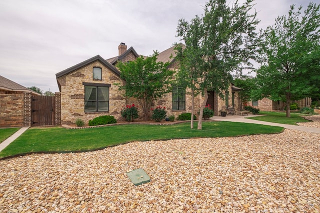 english style home with a gate, a chimney, a front lawn, and brick siding