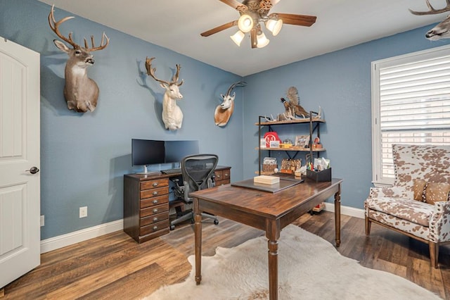 office space featuring ceiling fan, wood finished floors, and baseboards