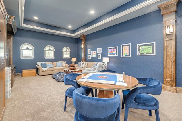 recreation room featuring carpet, recessed lighting, a tray ceiling, and baseboards