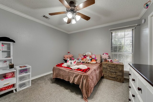 5709 E County Rd 97, Midland, TX 79706 - bedroom with a textured ceiling, visible vents, crown molding, and light colored carpet