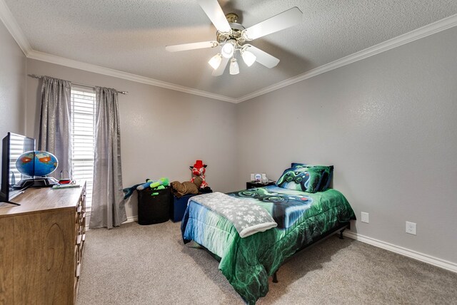 5709 E County Rd 97, Midland, TX 79706 - bedroom with light carpet, crown molding, baseboards, and a textured ceiling