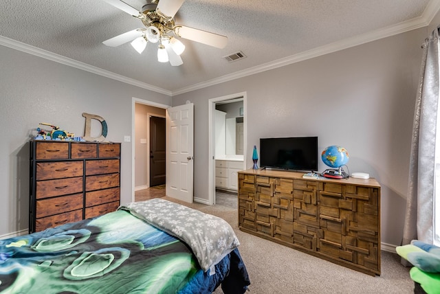 5709 E County Rd 97, Midland, TX 79706 - carpeted bedroom with ornamental molding, a textured ceiling, baseboards, and visible vents