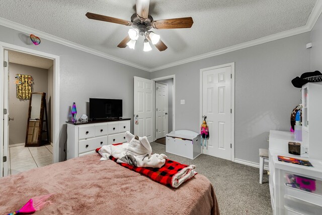 5709 E County Rd 97, Midland, TX 79706 - carpeted bedroom featuring crown molding, baseboards, a textured ceiling, ensuite bath, and a ceiling fan