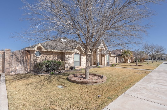 view of front of house with a gate and a front lawn
