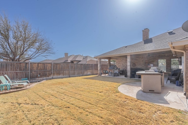 view of yard featuring an outdoor kitchen, a patio, and a fenced backyard
