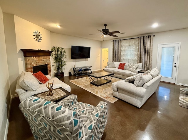 living room featuring a fireplace and ceiling fan