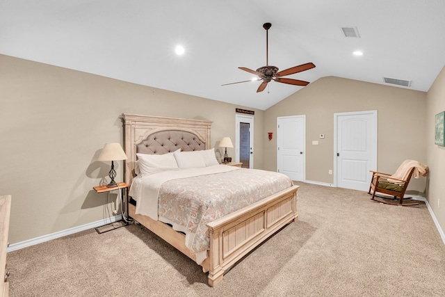 10606 E County Rd 104, Midland, TX 79706 - bedroom with vaulted ceiling, light colored carpet, a ceiling fan, and recessed lighting