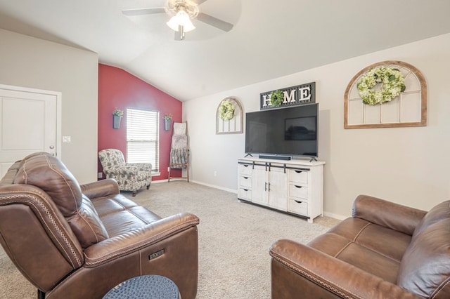 carpeted living room with lofted ceiling and ceiling fan