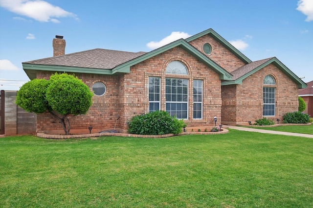 3834 Hyden Dr, Odessa, TX 79762 - ranch-style home featuring a chimney, a front lawn, brick siding, and roof with shingles