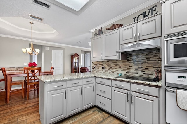 3834 Hyden Dr, Odessa, TX 79762 - dining room with a chandelier, dark wood finished floors, crown molding, and a tray ceiling