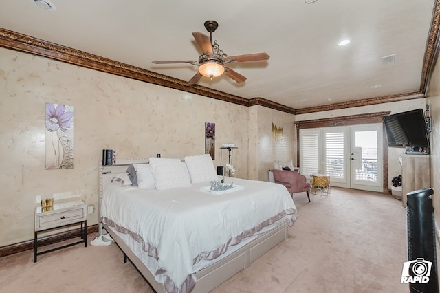 540 SE Loop 338, Odessa, TX 79766 - bedroom featuring crown molding, access to outside, light colored carpet, and a ceiling fan