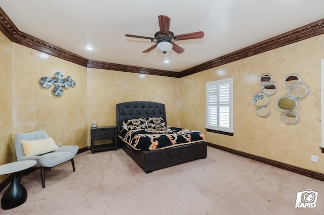 540 SE Loop 338, Odessa, TX 79766 - bedroom with carpet floors, crown molding, and ceiling fan