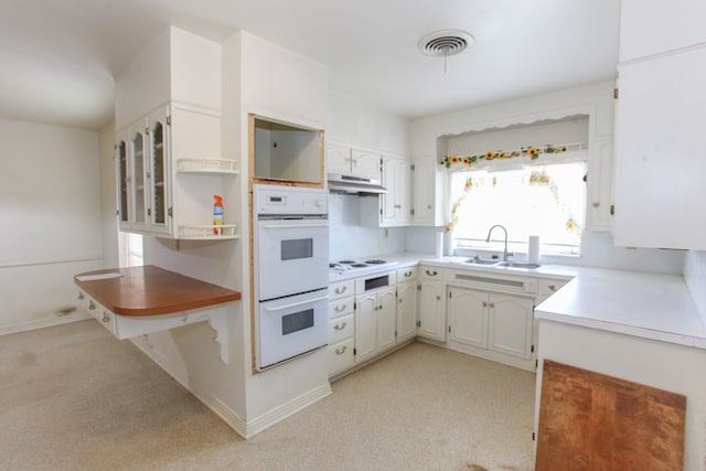 2608 E 24th St, Big Spring, TX 79720 - kitchen with white appliances, under cabinet range hood, open shelves, light colored carpet, and light countertops