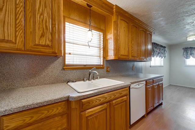 kitchen featuring tasteful backsplash, decorative light fixtures, light wood-type flooring, white dishwasher, and sink