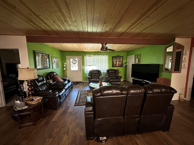 living room featuring ceiling fan, dark hardwood / wood-style flooring, and wooden ceiling