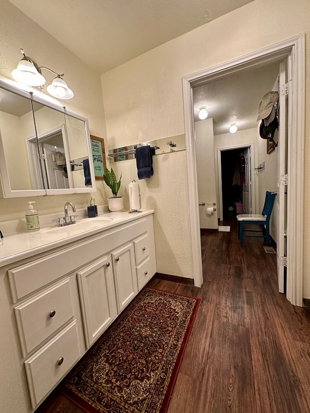 bathroom with hardwood / wood-style flooring and vanity