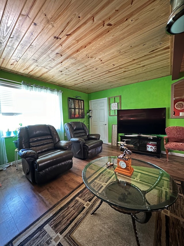 living room featuring wooden ceiling and wood-type flooring