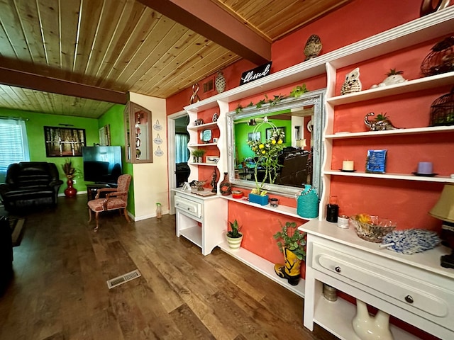 interior space featuring beam ceiling, wood ceiling, and dark wood-type flooring